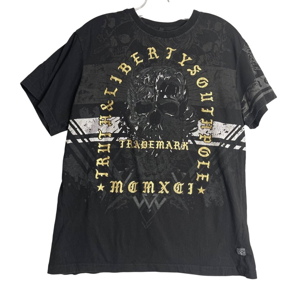 Vintage Y2K South Pole Skull Cyber Grunge T Shirt Mens L‎ Black Gold Spell Out